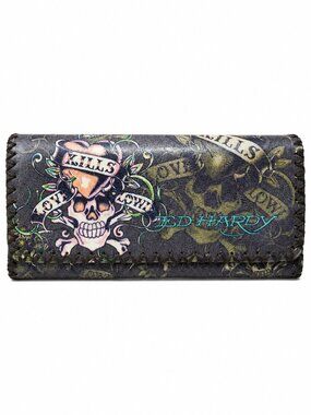 ED HARDY Vintage Love Kills Slowly Leather Wallet Tri-Fold Tattoo 90s Y2K Snap